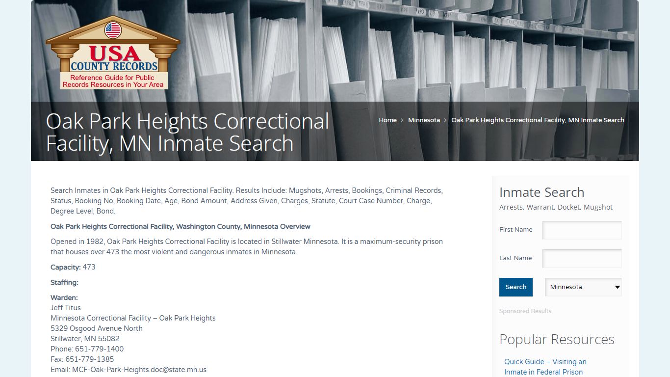 Oak Park Heights Correctional Facility, MN Inmate Search ...